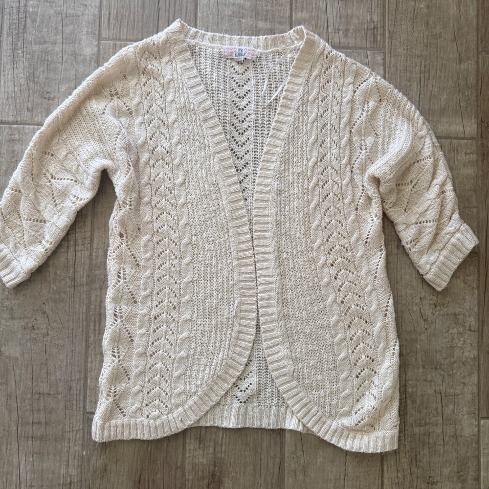 Pink Republic Cream Open Front Pointelle Cable Knit‎ Cardigan 3/4 Sleeve Small